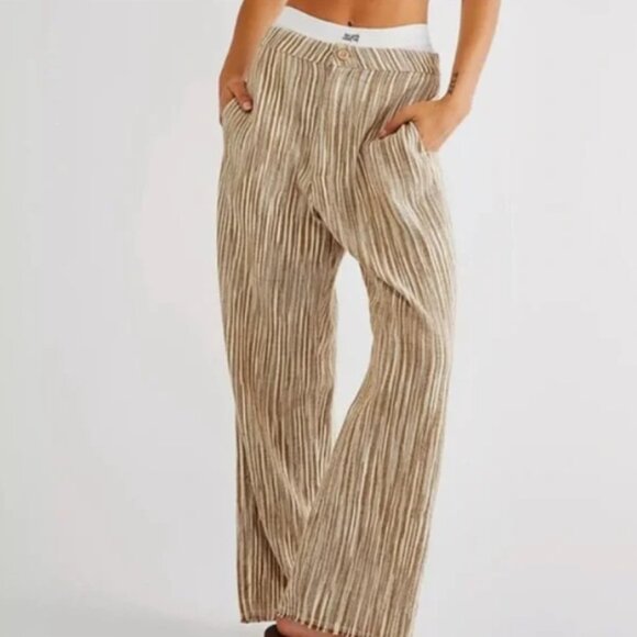 FREE PEOPLE WOMEN BROWN MARTA YARN DYE STRIPE TROUSERS KNIT PANTS SIZE 28 COTTON - Picture 2 of 11